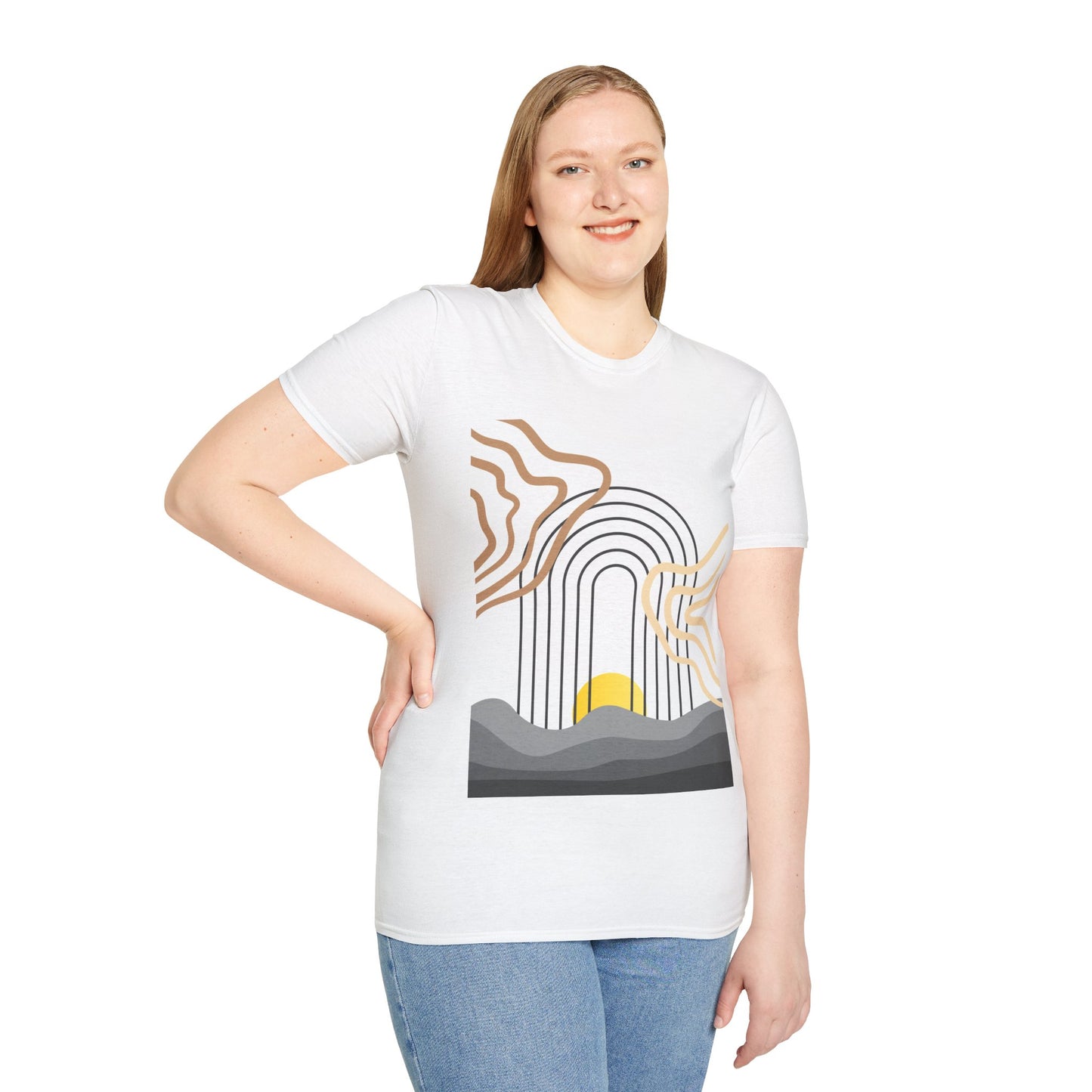 Boho Sunrise T-Shirt, Abstract Sun Graphic Tee, Aesthetic Nature Shirt, Minimal Earth Tone Top, Spiritual Bohemian Style Apparel